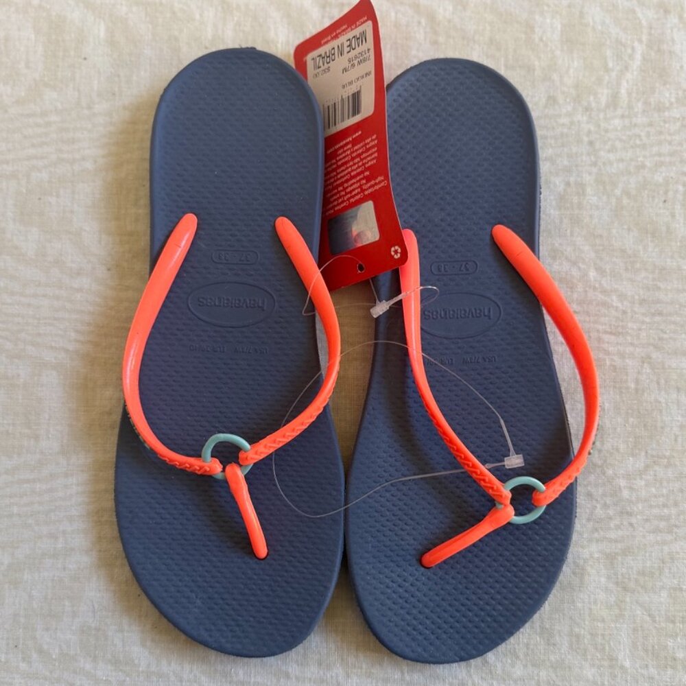 Havaianas Slim Flip Flops Indigo Blue Coral NWT Women’s 7/8 Brazil